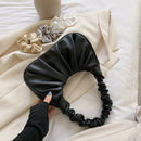 Elegant Pleated Handbag Women Leather Travel Totes Shoulder Bag (Black)