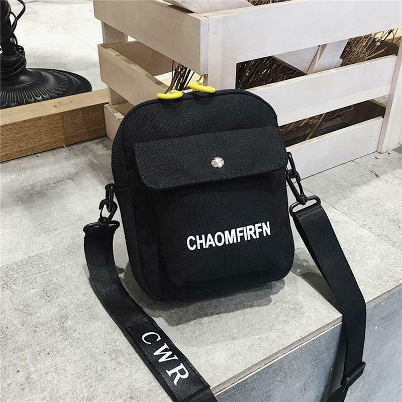 Letter Print Sports Shoulder Handbags Unisex Canvas Crossbody Bags (Black)