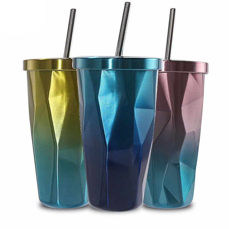 Stainless Steel Tumbler with Straw - Hot and Cold Double Wall Drinking Cups J9X7