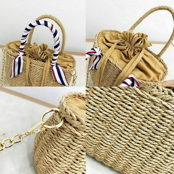 Women's Beach Handbag Straw Shoulder Bag with Handles and Silk Ribbon Bucke B6D7