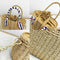 Women's Beach Handbag Straw Shoulder Bag with Handles and Silk Ribbon Bucke B6D7
