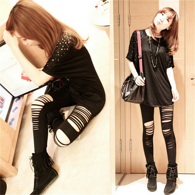 Sexy Black Punk Ripped Torn Slashed Cut Striped Leggings Pants Gothic ClubLJ