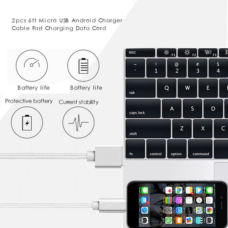 2pcs 6ft Nylon Micro USB Charger Cable Fast Charging Data Cord for Android Phone
