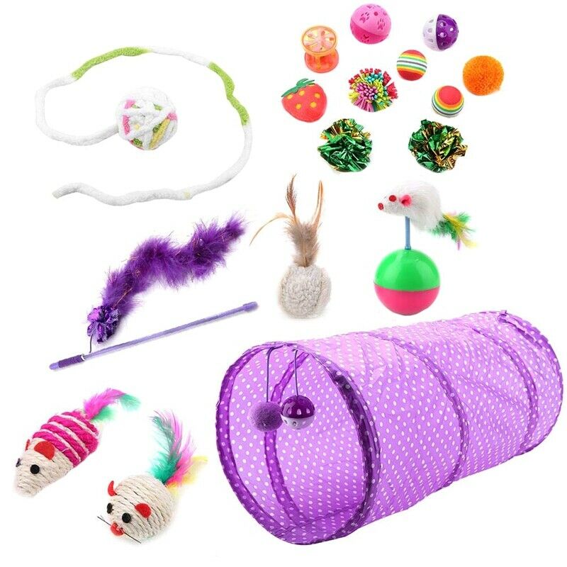 1X(17 Cat Toys Kitten Toys Assortments,2 Way Tunnel,Cat Feather Teaser - Wa