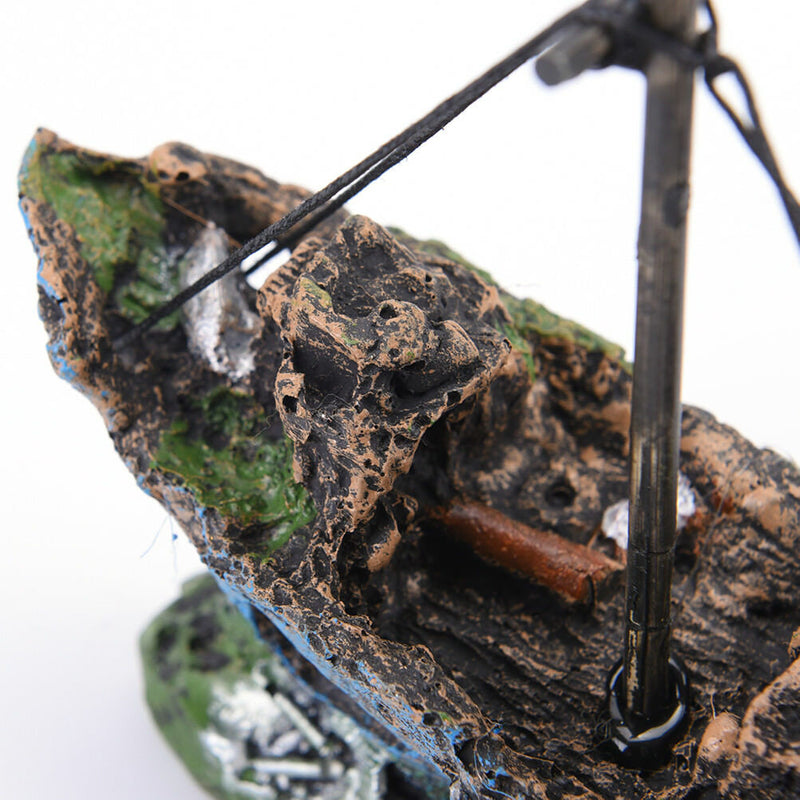 Aquarium Ornament Wreck Sailing Boat Sunk Ship Destroyer Fish Tank Cave Decor BX