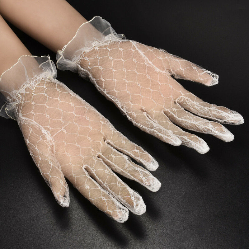 Ladies Gorgeous Wedding bridal ivory white satin Lace Diamonte gloves Hot