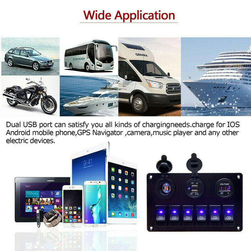 6-Gang Switch Control Panel LED Rocker Breaker Car Marine Boat Truck Circ Tw