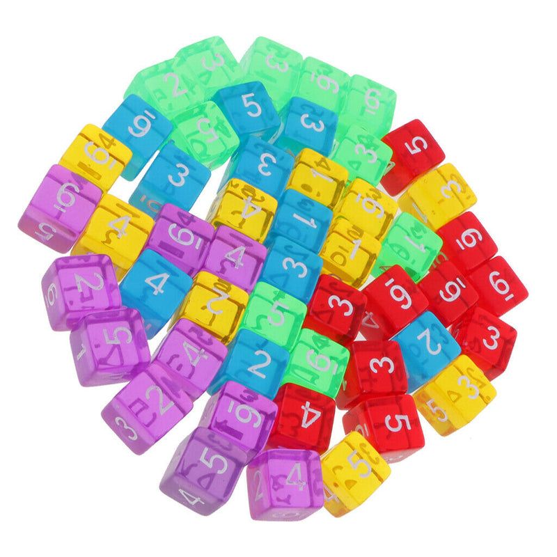 Bag Of 50 Transparent Dice Pieces Set Of 5 Colors Of 16mm Board Games