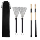 Black 2pcs Bamboo Drumsticks+2pcs Drum Wire Brushes w/ Bag Percussion Parts