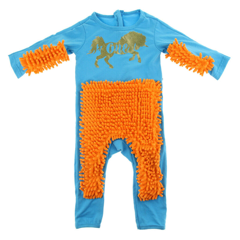 Baby Long Sleeve Crawling Mop Jumpsuit Romper One Piece Blue+Orange 90cm
