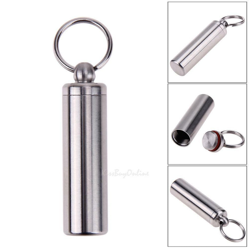 Waterproof Stainless Steel Medicine Pill Container Holder Box Bottle Key Chain