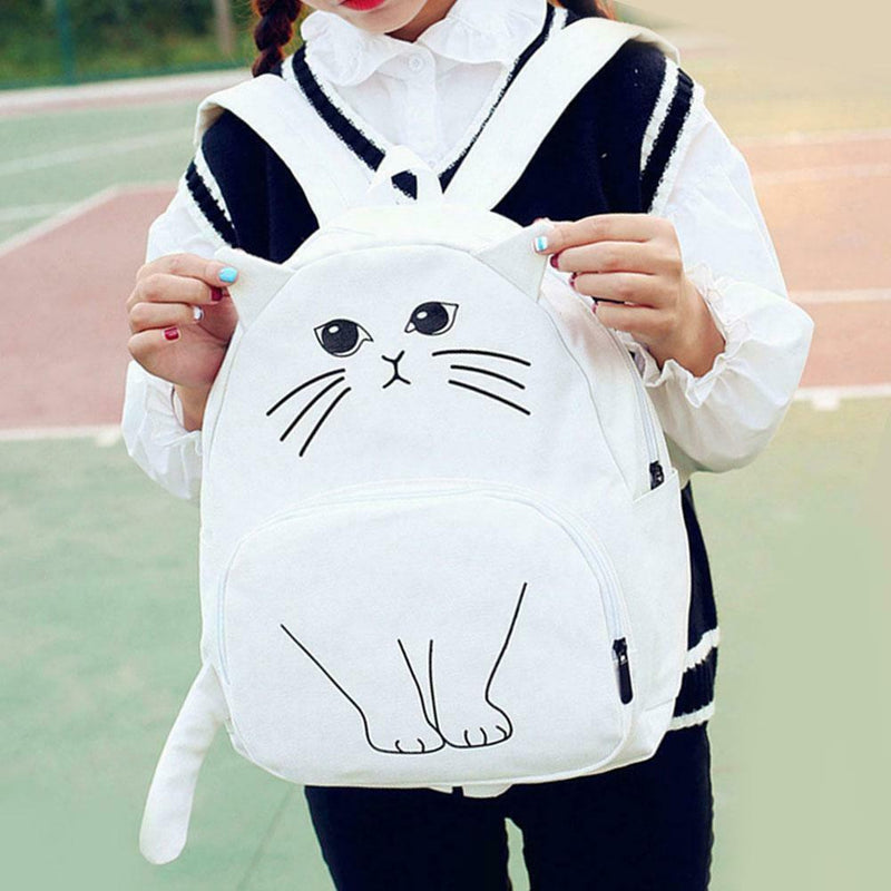 Women Canvas Lovely Cute Cartoon Cat Backpack Students School Bag(White)