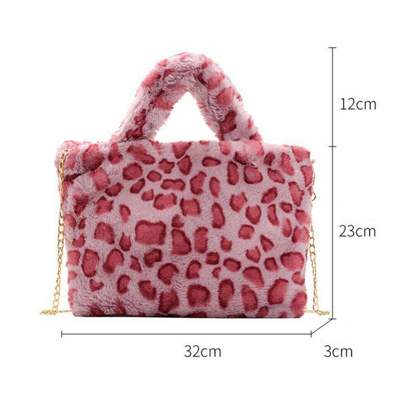 Women Plush Leopard Shoulder Handbag Large Crossbody Bags (1 Rose Red)