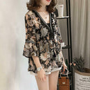Women Plus Size Floral Print Chiffon Loose V-Neck Sleeve Top (Brown) (L)