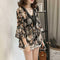 Women Plus Size Floral Print Chiffon Loose V-Neck Sleeve Top (Brown) (L)
