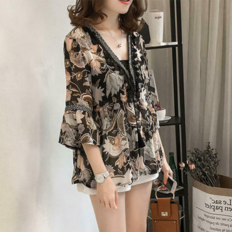 Women Plus Size Floral Print Chiffon Loose V-Neck Sleeve Top (Brown) (L)