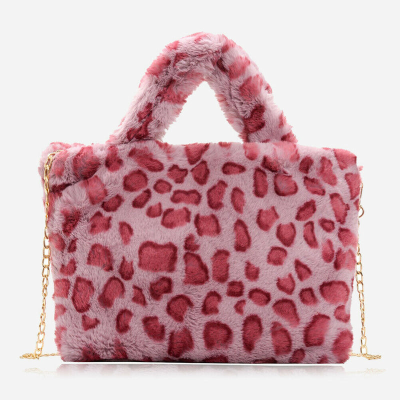 Women Plush Leopard Shoulder Handbag Large Crossbody Bags (1 Rose Red)