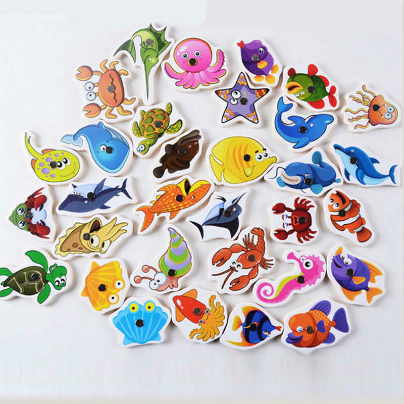 Kids Wooden Double Sided Magnetic Fishing Toys Kit+ 32pcs various sea a MKW