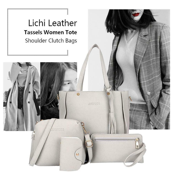 4pcs/Set Lichi Leather Tassels Women Tote Shoulder Clutch Card Bags (Grey)
