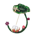 Enamel Lotus Flower Green Leave Frog Brooch Pin Shirt Collar Pin Jewelry Gift FT