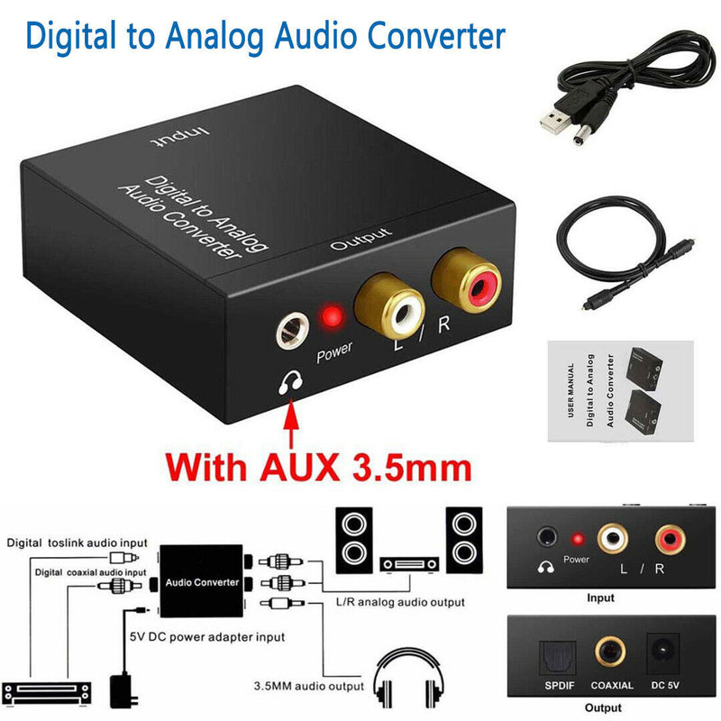 Digital Coaxial Optical to Analog RCA L/R Audio Converter Adapter with Aux 3.5mm