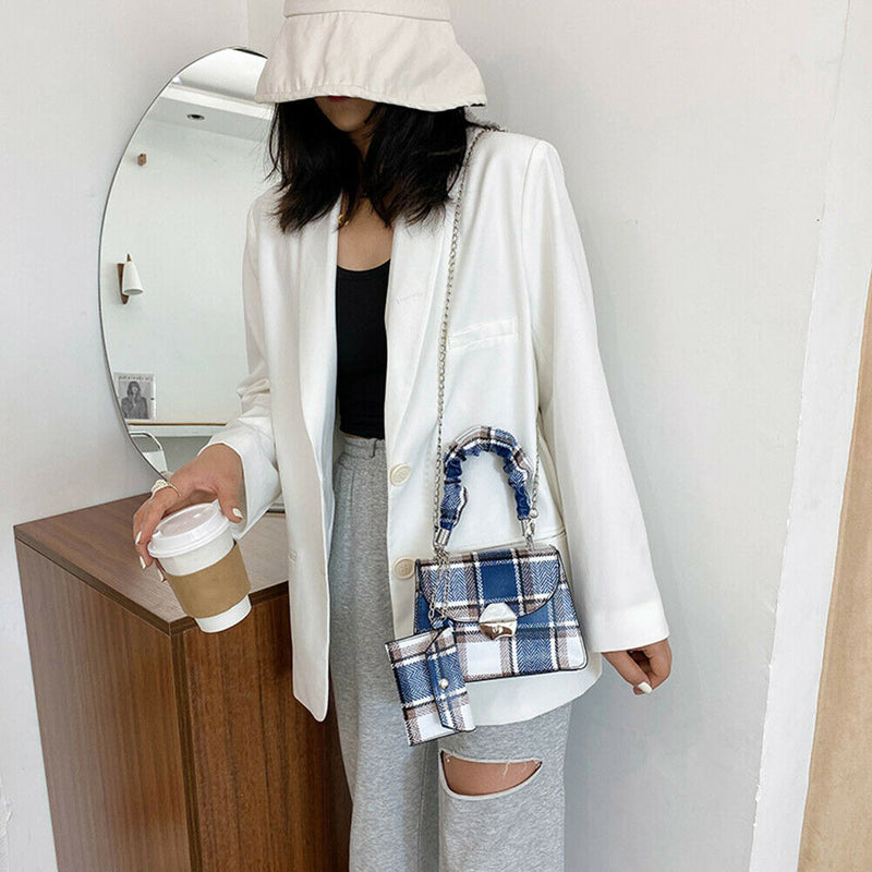 Fashion Plaid PU Women Shoulder Bag Pleated Handle Chain Handbag (Blue)