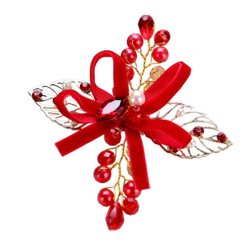 Women Red Crystal Leaf Hairpin Kids Girls Bride Wedding Bowknot Hair Clips A