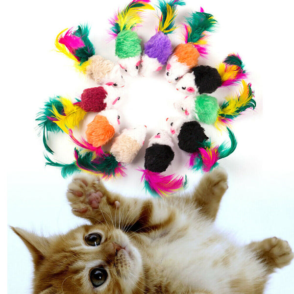 10Pcs/set False Mouse Pet Cat Toys Mini Playing Toys with Colorful Feather P A#S