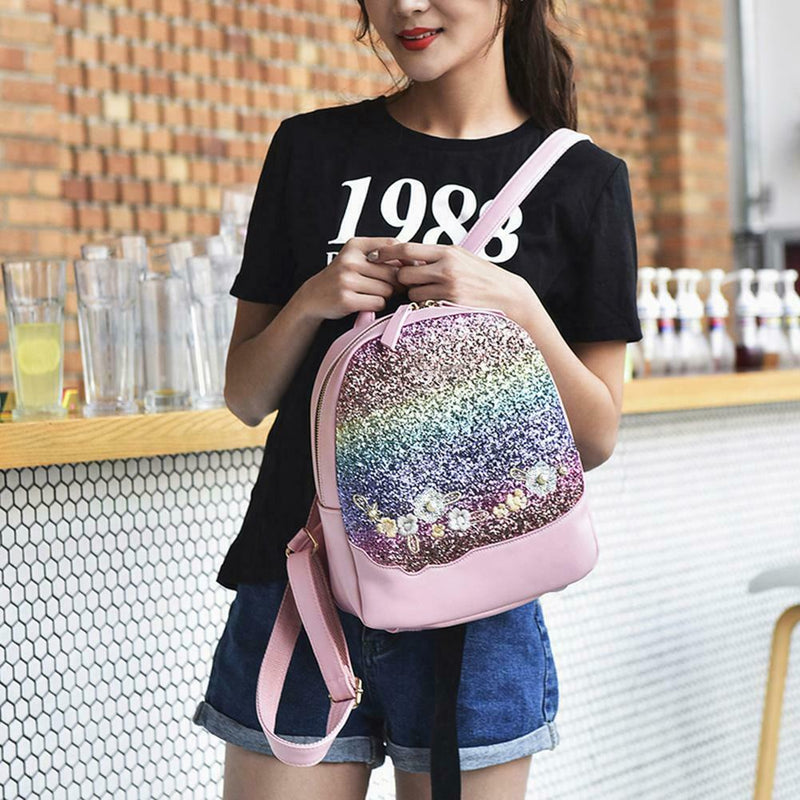 Glitter Shining Sequins Backpack Women Floral Travel School Bags (Pink)