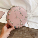 Round Chain Messenger Bag Flower Elegant Women Leather Shoulder Bag (Pink) A