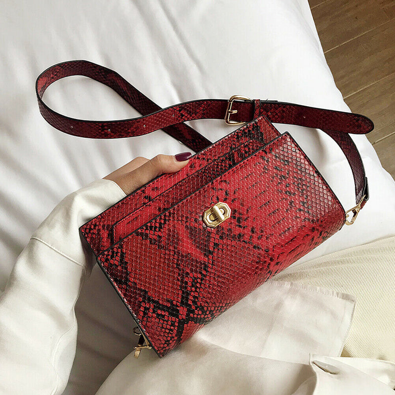 Serpentine Women Shoulder Bag Leather Flap Square Crossbody Handbags (Red)