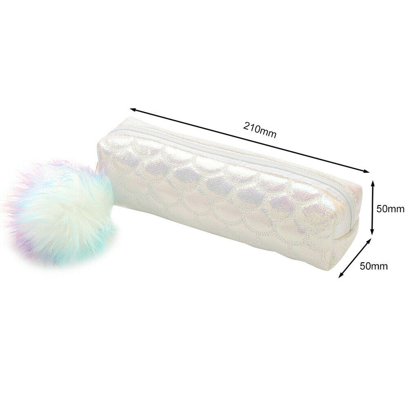 Fish Tail Sequin Pencil Case PU Pompom Pencil Bag School Stationery (White) A