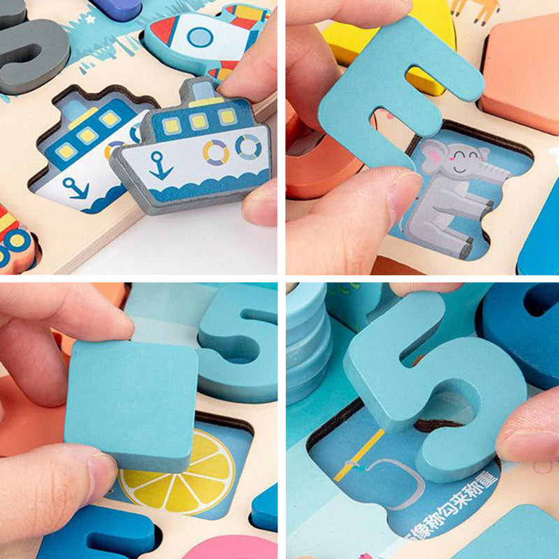 Wooden Puzzles for Toddlers, 7-in-1 Alphabet Shape Number Sorting Fishing Game