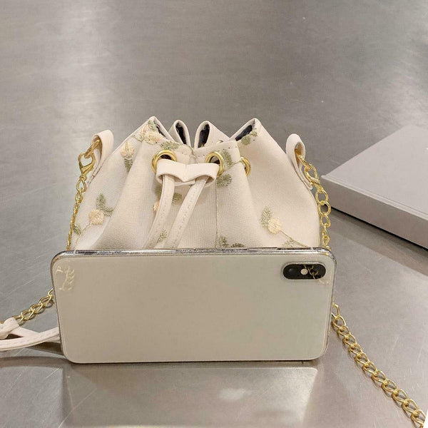 Lace Flower Print Shoulder Handbags Women Drawstring Crossbody Bags (White)