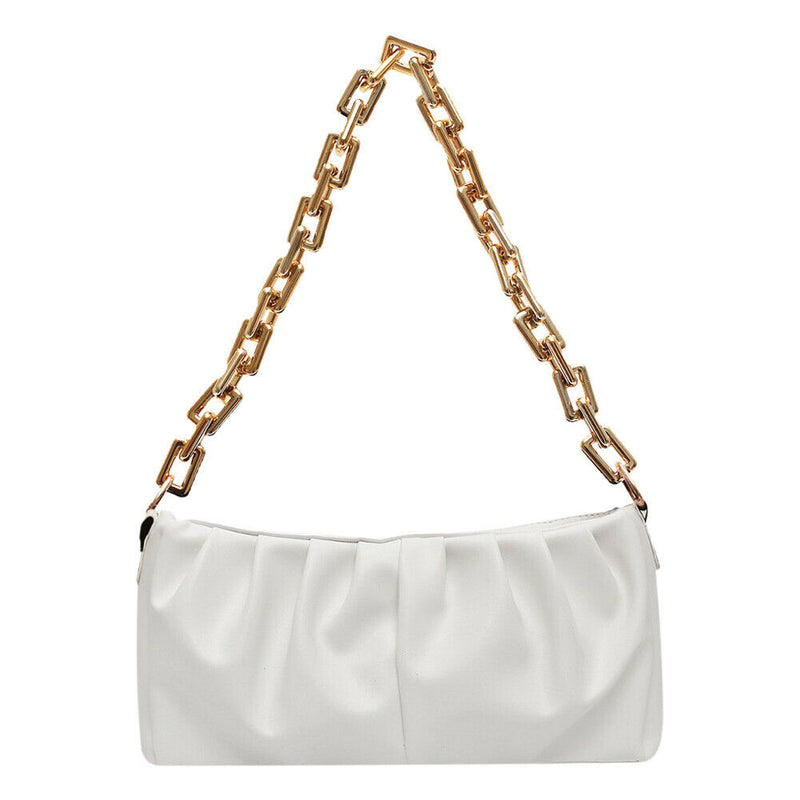 Women Evening Clutch Pleated PU Solid Shoulder Handbag Chain Totes (Beige)