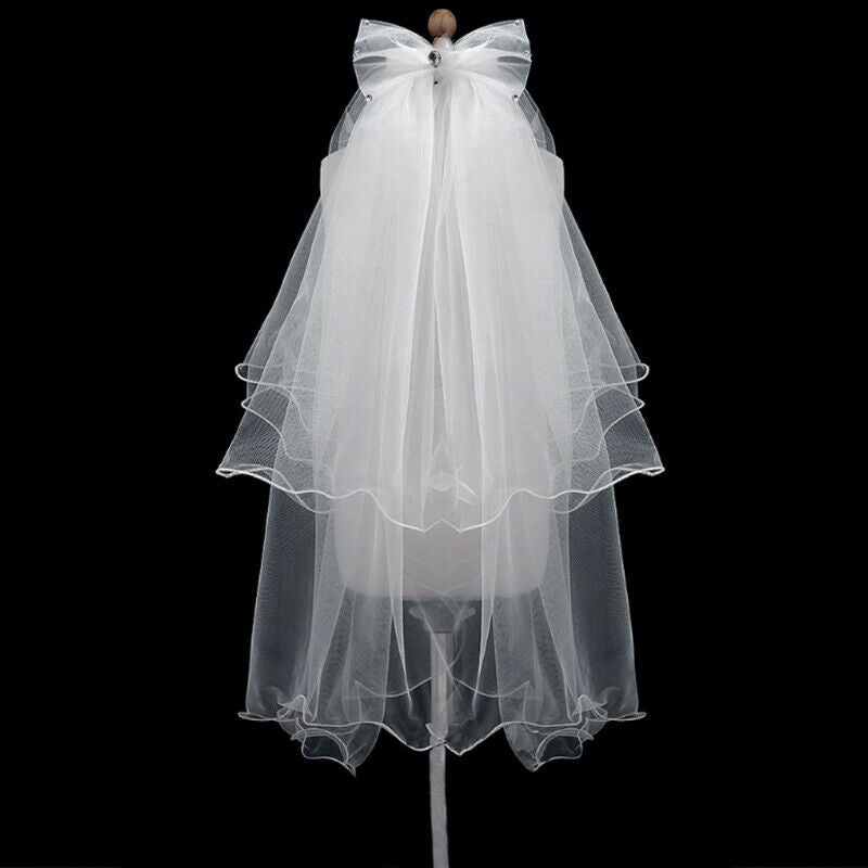 5X(Women Wedding Veil Dress White Bowknot Layers Tulle Ribbon Edge Bridal  M7H6)