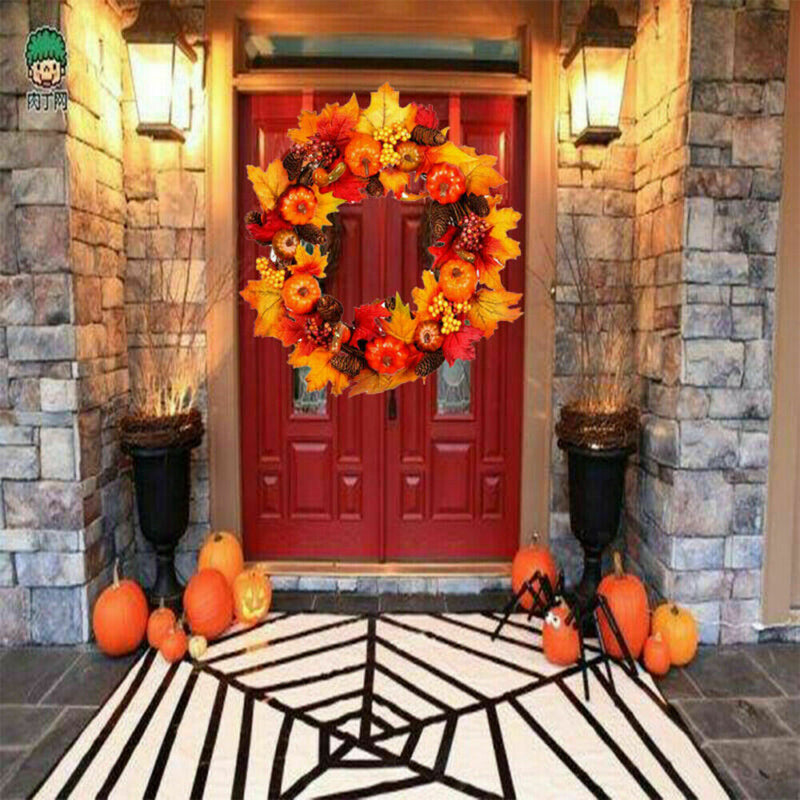 Pumpkin Pine Cone Berry Wreath Round Garland Wall Hanging Decor for Christmas