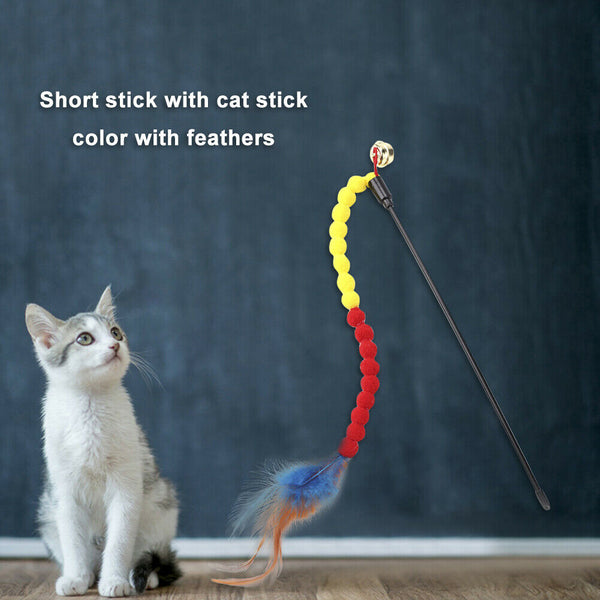 Cat Teasing Stick Colorful Pompom Feather Wand Fun Pet Teaser Rod Toys (02) A#S