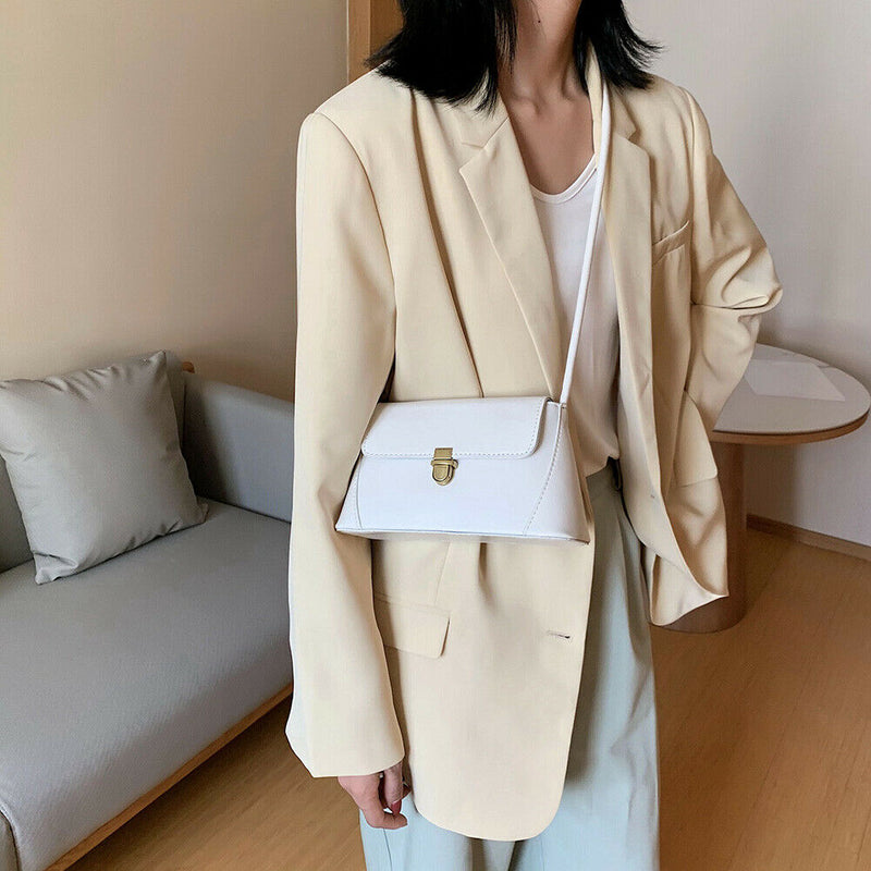 Women Solid Color Shoulder Bag PU Leather Tote Messenger Handbag (Beige)