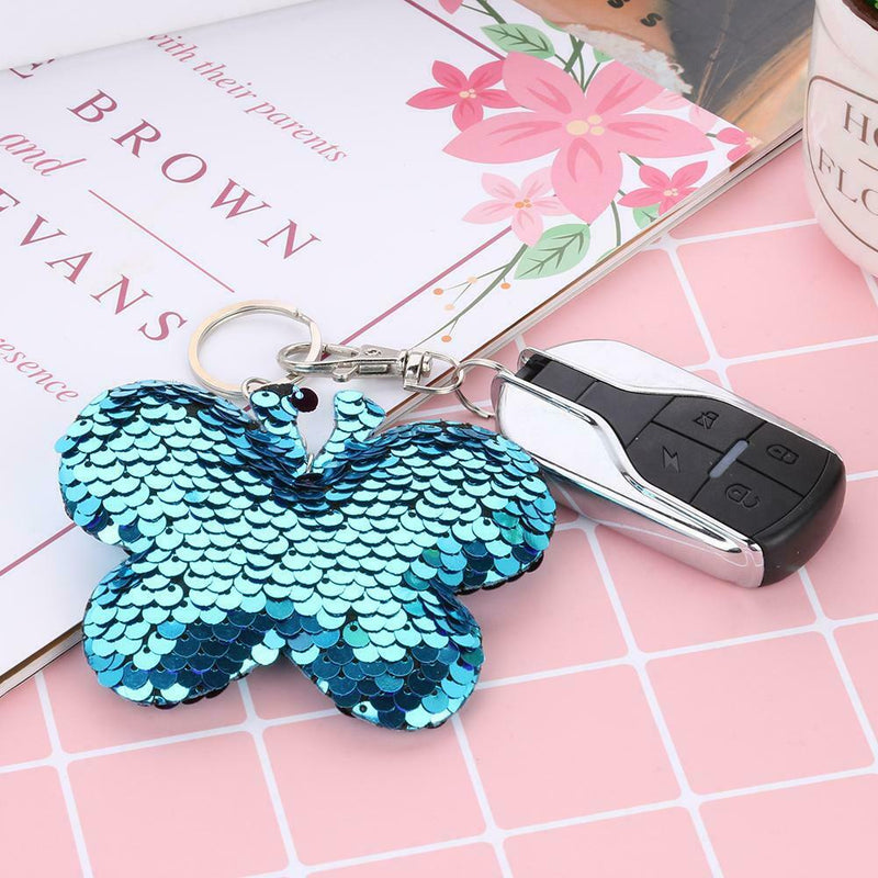 Butterfly Keychain Glitter Sequins Key Ring Women Car Bag Pendant (Blue) A