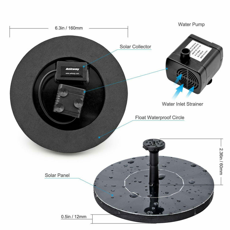 Bird Bath Fountain Solar-Powered Water Pumps Floating Outdoor Pond Garden Patio