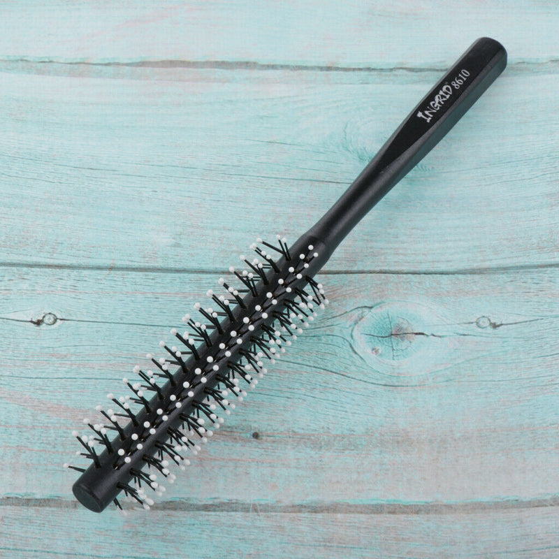 1 Piece Small Mini Round Hair Brush Nylon Bristles, Black Long Wood Handle Hair