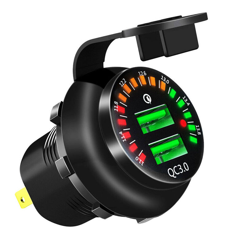 Car Boat Motorcycle Dual QC 3.0 USB Charger Socket with Voltmeter + Wires