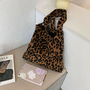 Women Corduroy Handbag Animal Print Big Capacity Shoulder Bag (Leopard)