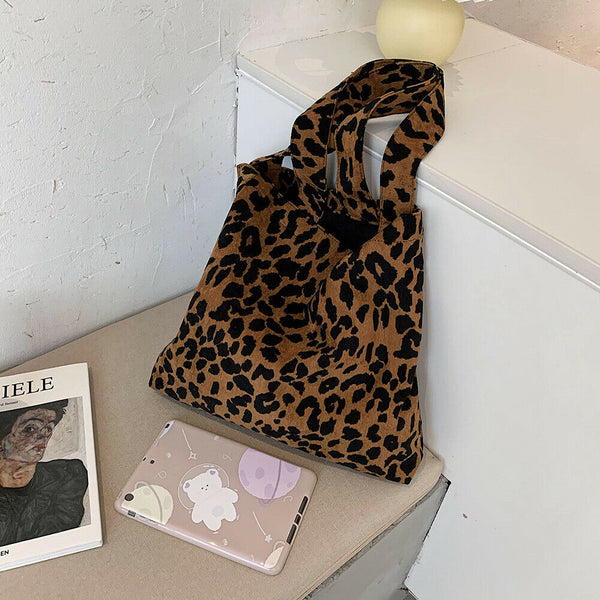 Women Corduroy Handbag Animal Print Big Capacity Shoulder Bag (Leopard)