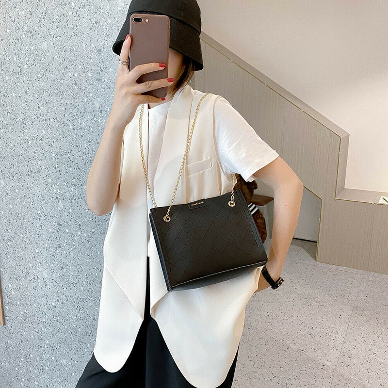 Lattice Pattern Women Shoulder Handbag Leather Chain Crossbody Bag (Black)