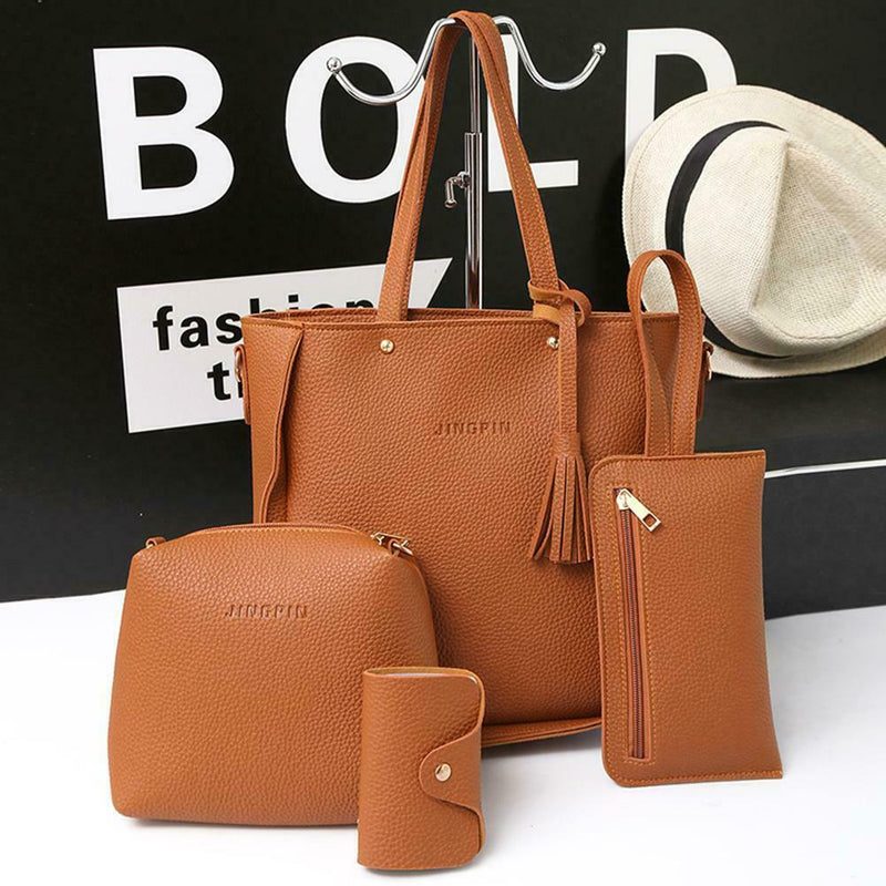 4pcs/set Litchi Leather Tassel Women Tote Shoulder Handbag Card Bags (Brown