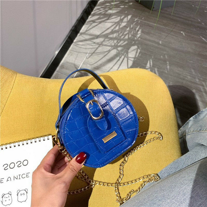 Mini Round Tote Shoulder Bag Women Leather Chain Messenger Purse (3 Blue) A