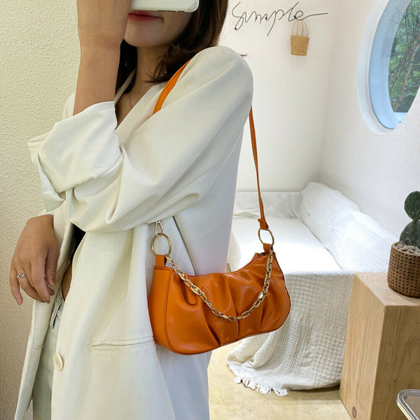Solid Pleated Women Shoulder Bag PU Clear Chain Crossbody Handbag (Orange)