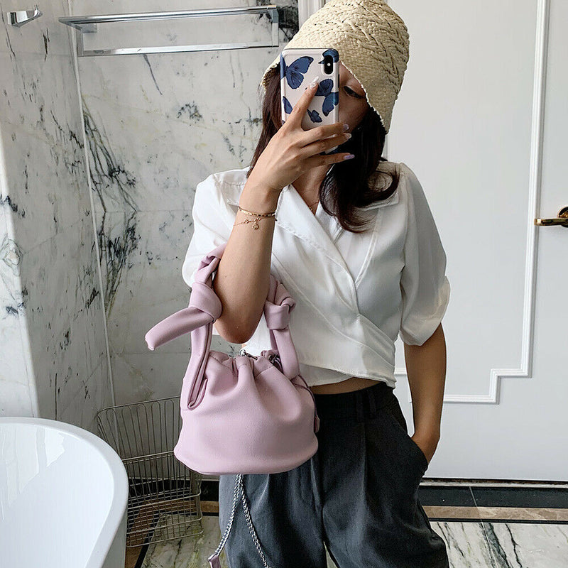 Casual Drawstring Bucket Bag Women PU Crossbody Shoulder Handbags (Pink)